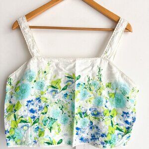Caroline Constas Linen Floral Blue Green Cropped Top XL